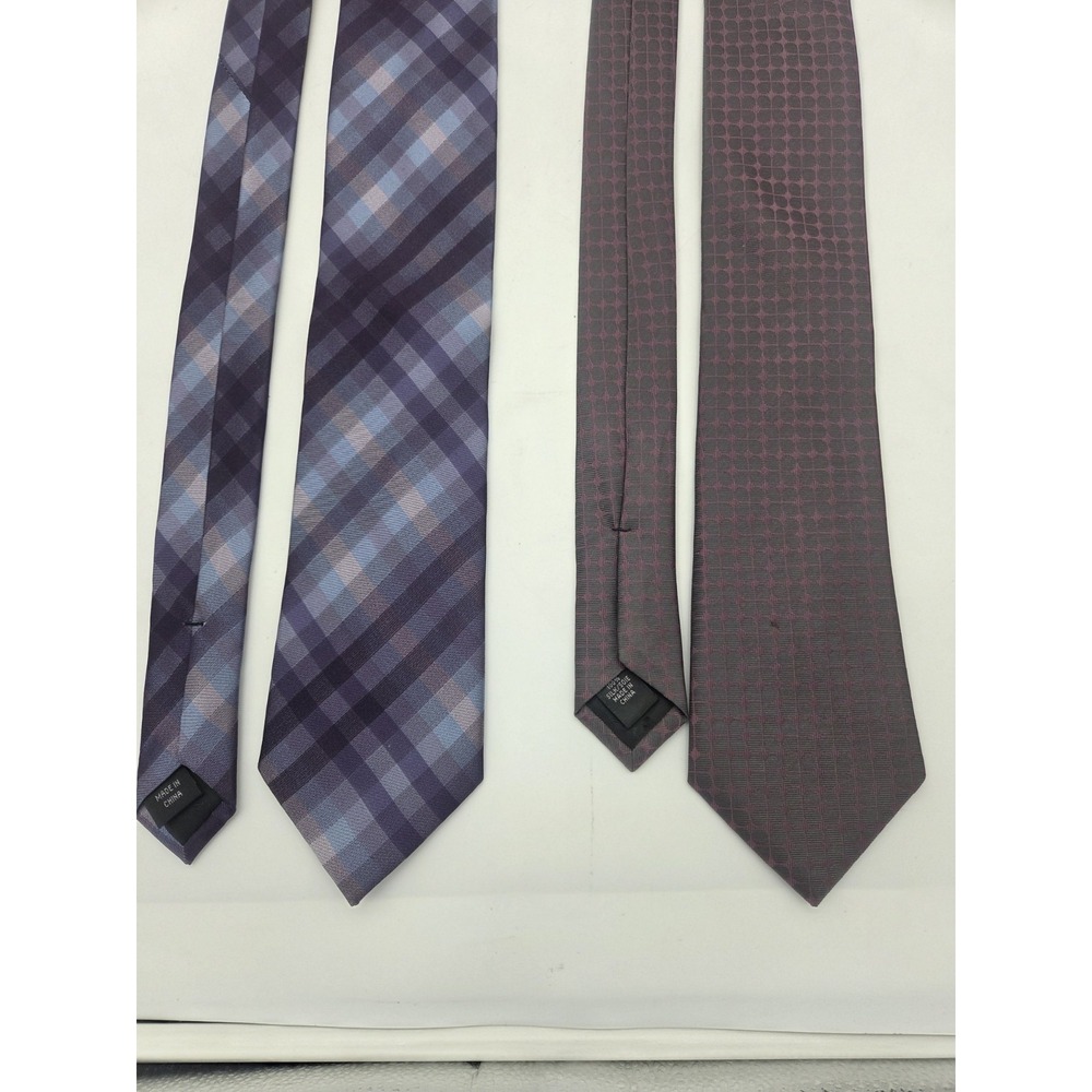 2x Calvin Klein Tie Purple Gray Blue Plaid Diag Striped Squares 3" 3.25" Silk